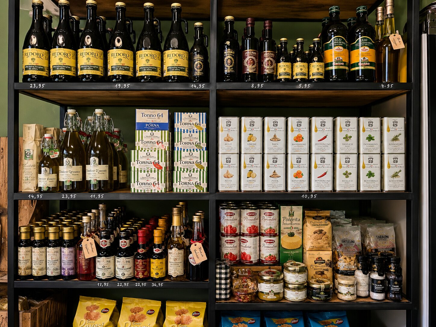 Italiaanse olijfolie en delicatessen in de winkel